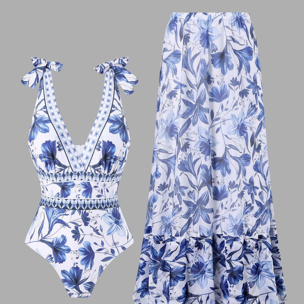 Elegant Floral One-Piece Swimsuit with Chiffon Skirt Set