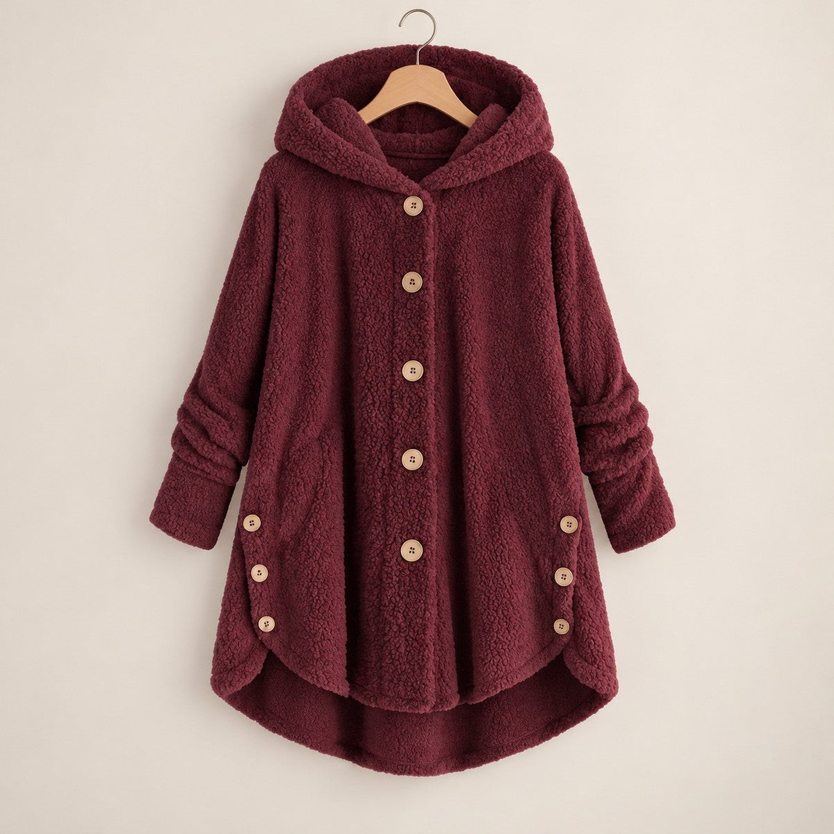 CozyCurve Plush Hooded Coat - Burgundy