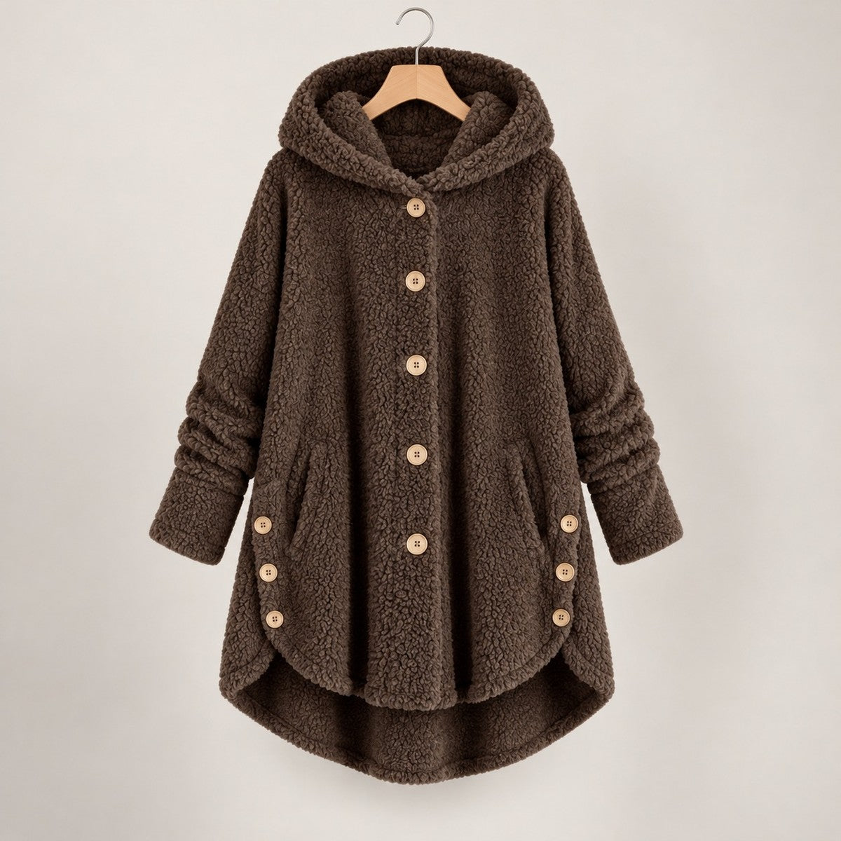 CozyCurve Plush Hooded Coat - Coffee