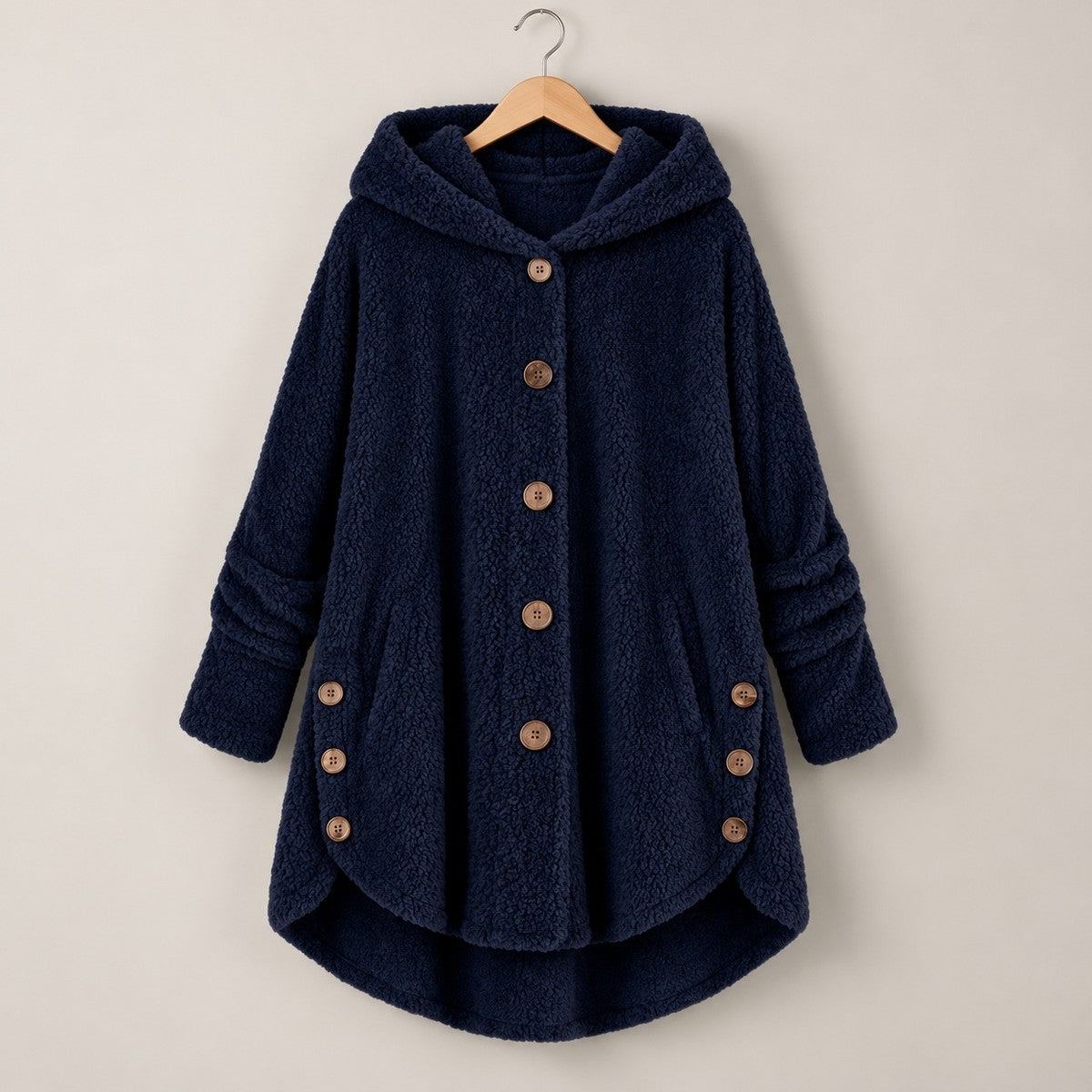 CozyCurve Plush Hooded Coat - Navy Blue