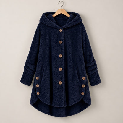 CozyCurve Plush Hooded Coat - Navy Blue