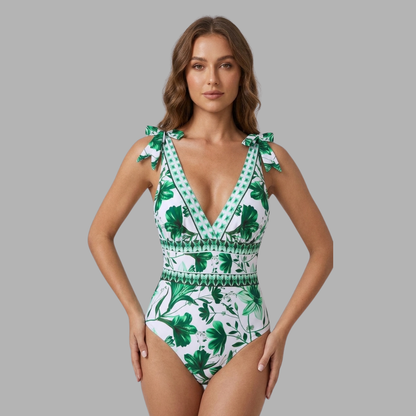 Elegant Floral One-Piece Swimsuit with Chiffon Skirt Set