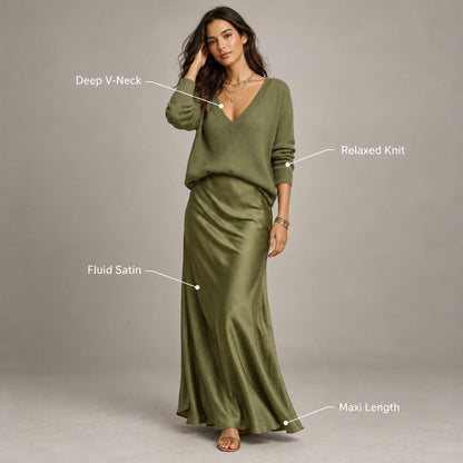 LuxeLayer Knit Sweater and Satin Slip Dress Set - callouts