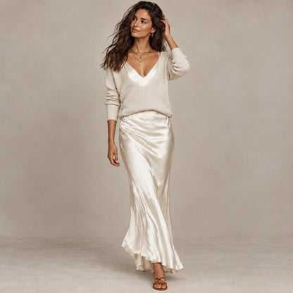 LuxeLayer Knit Sweater and Satin Slip Dress Set - Apricot