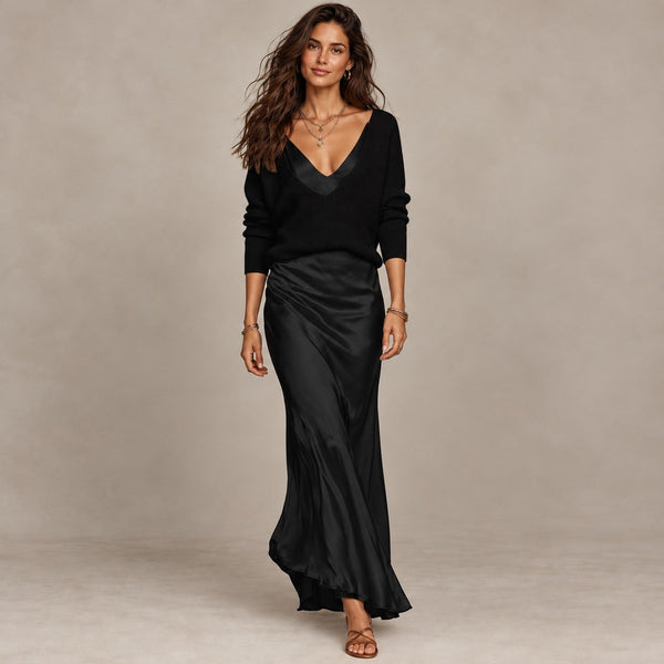 LuxeLayer Knit Sweater and Satin Slip Dress Set - Black