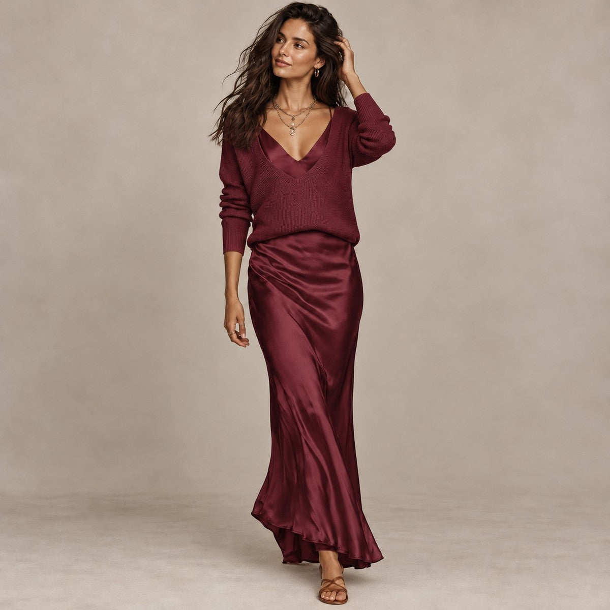 LuxeLayer Knit Sweater and Satin Slip Dress Set - Burgundy