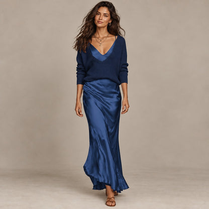 LuxeLayer Knit Sweater and Satin Slip Dress Set - Dark Blue