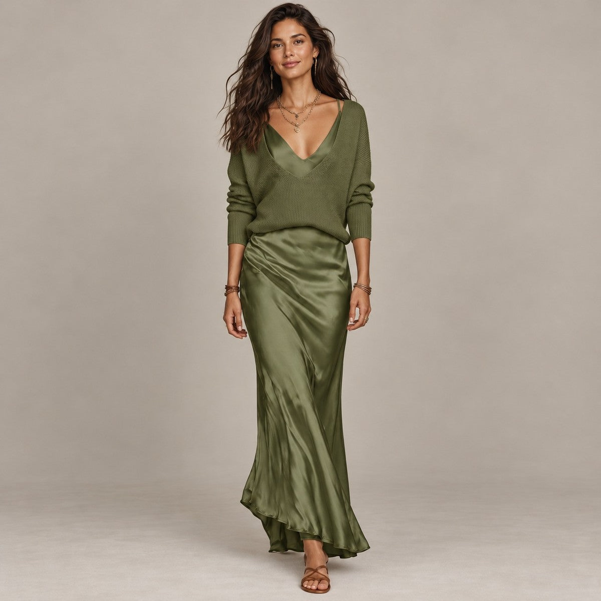 LuxeLayer Knit Sweater and Satin Slip Dress Set - Dark Green