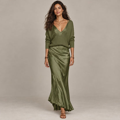 LuxeLayer Knit Sweater and Satin Slip Dress Set - Dark Green