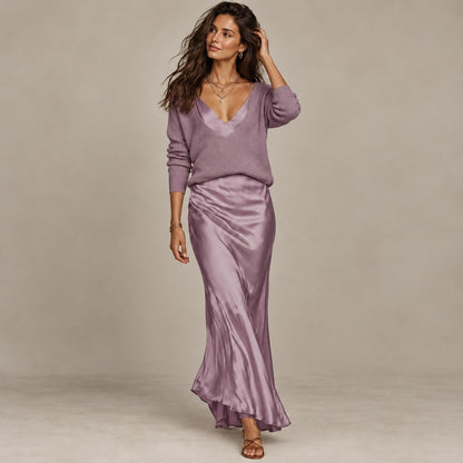 LuxeLayer Knit Sweater and Satin Slip Dress Set - Purple
