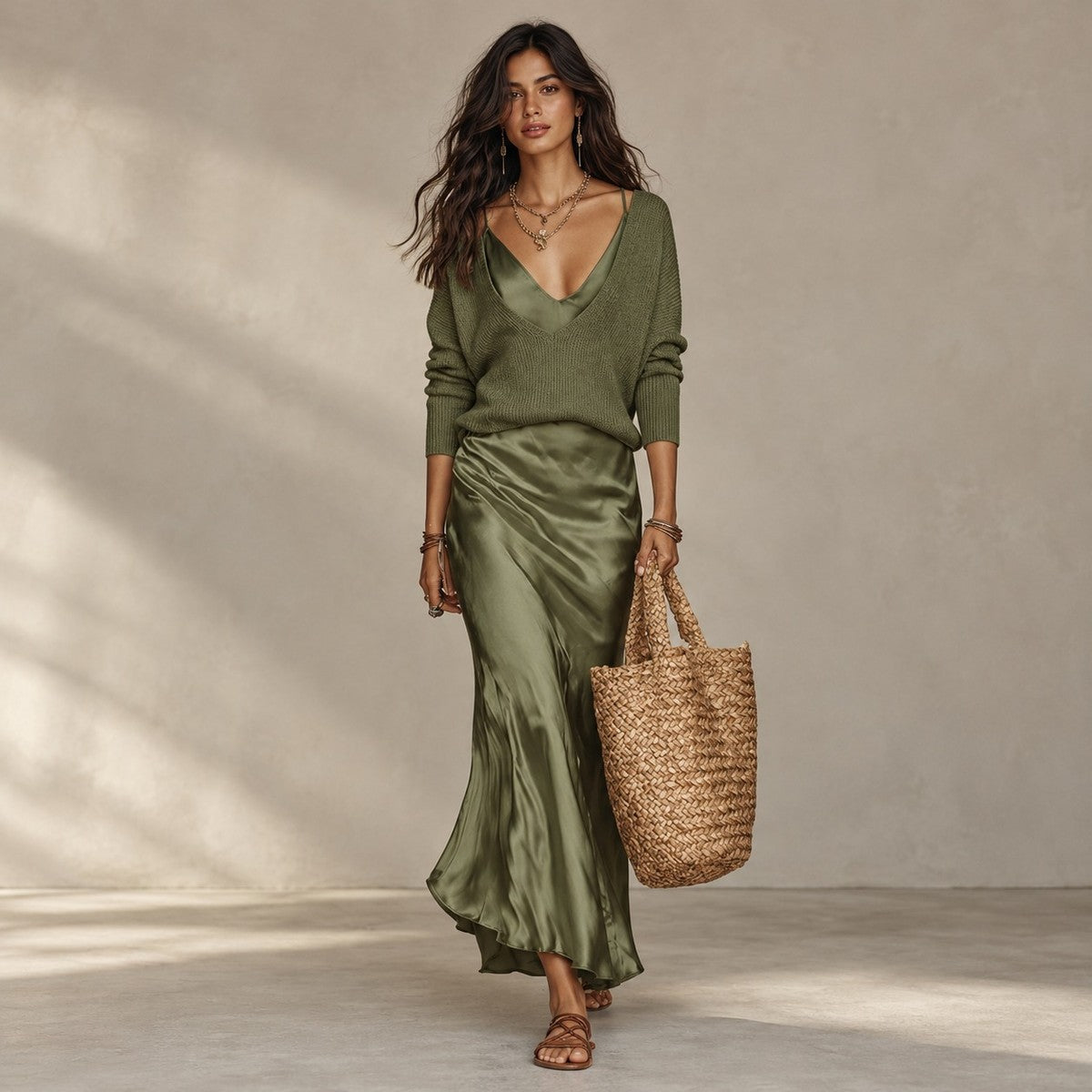 LuxeLayer Knit Sweater and Satin Slip Dress Set - detail