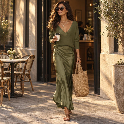LuxeLayer Knit Sweater and Satin Slip Dress Set - lifestyle