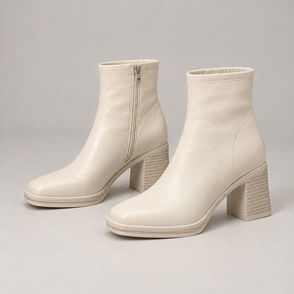 RetroStep Square-Toe Heeled Ankle Boots - Beige