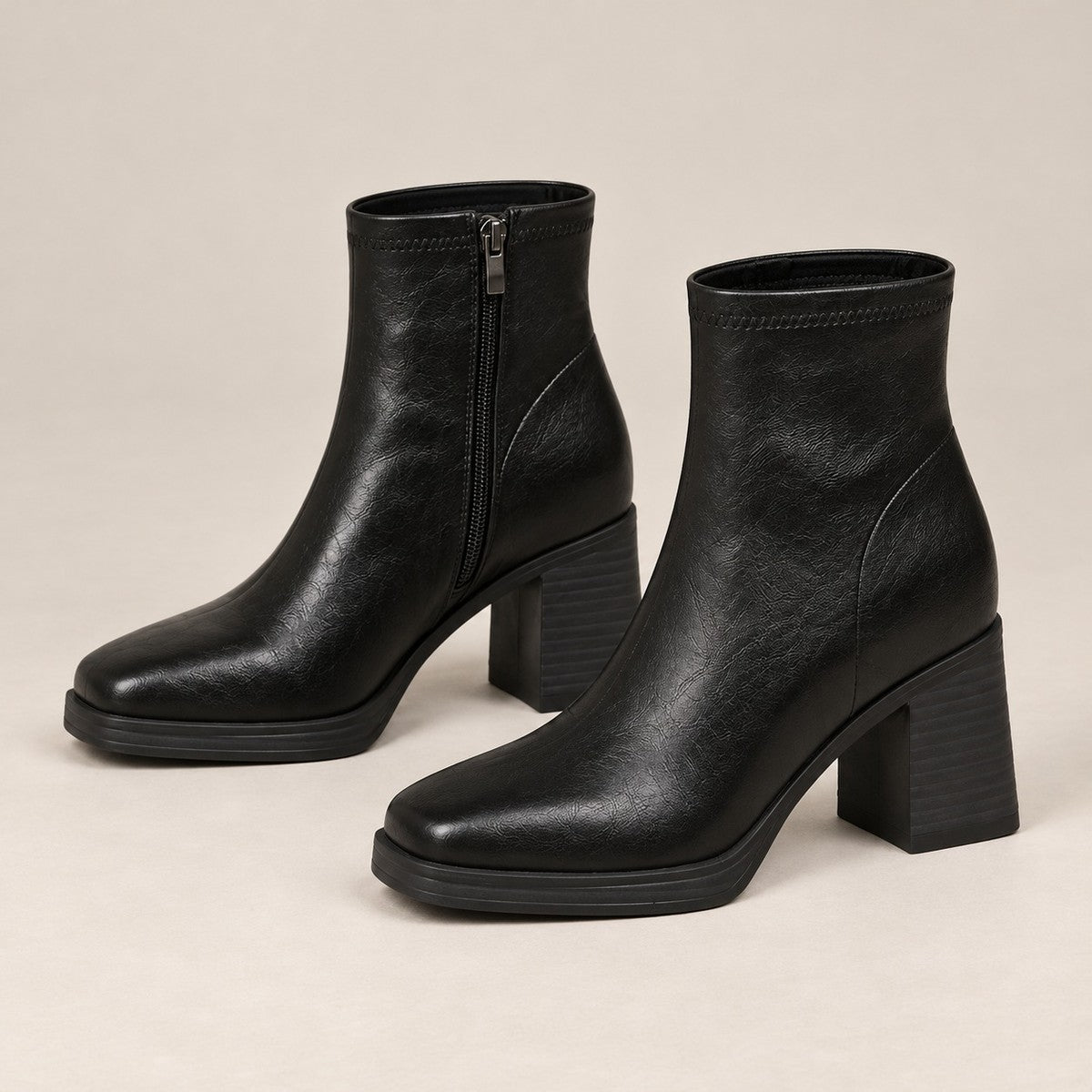 RetroStep Square-Toe Heeled Ankle Boots - Black