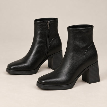 RetroStep Square-Toe Heeled Ankle Boots - Black