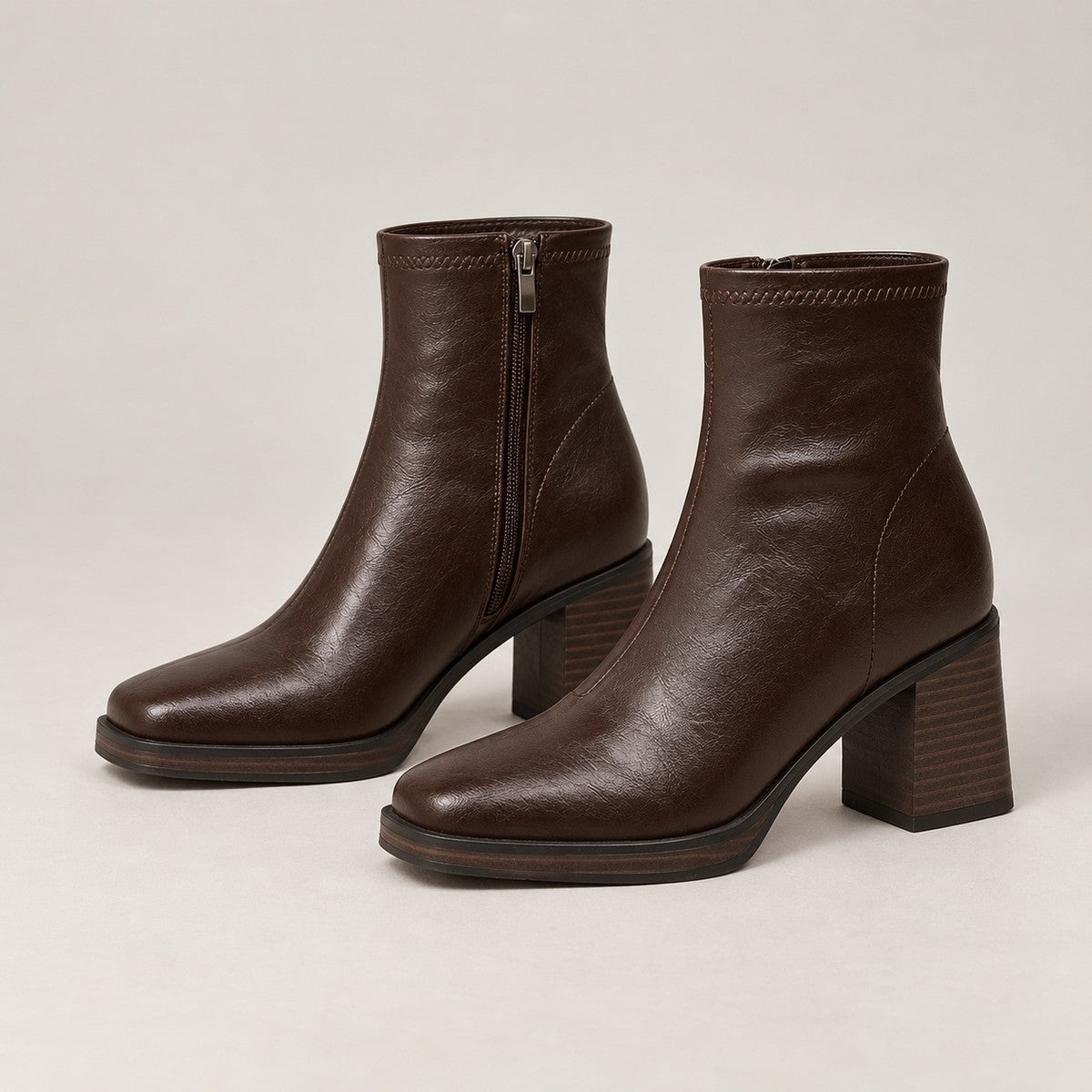RetroStep Square-Toe Heeled Ankle Boots - Brown