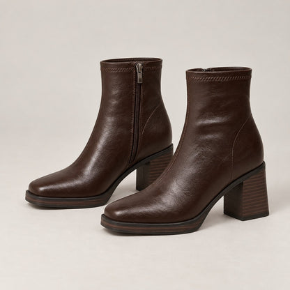 RetroStep Square-Toe Heeled Ankle Boots - Brown