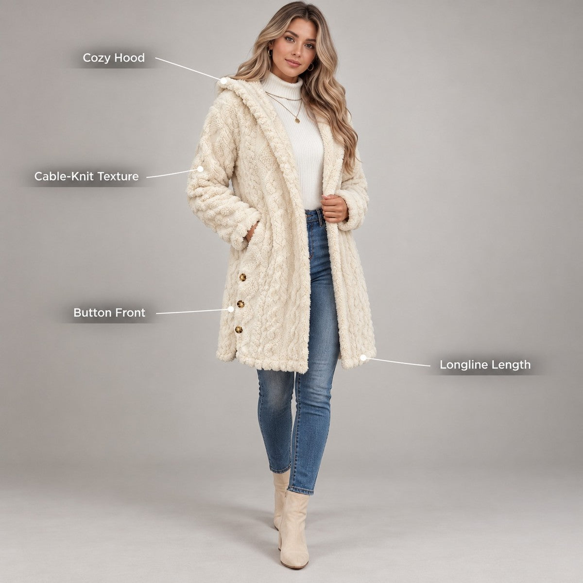 DoubleSoft Hooded Fleece Cardigan Coat - callouts