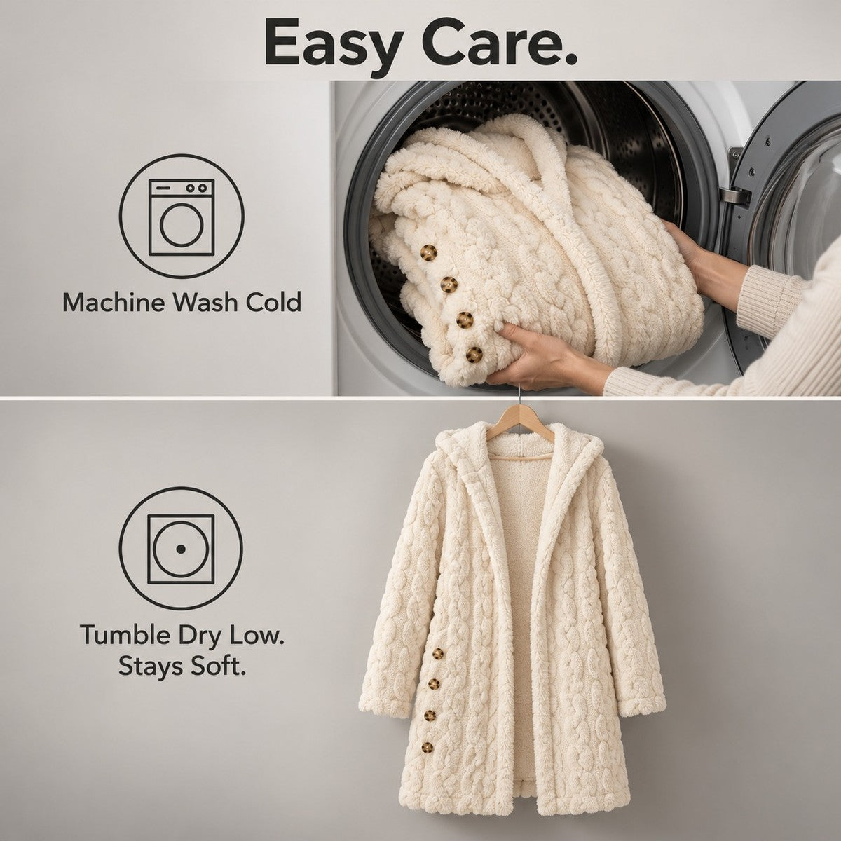 DoubleSoft Hooded Fleece Cardigan Coat - care_steps
