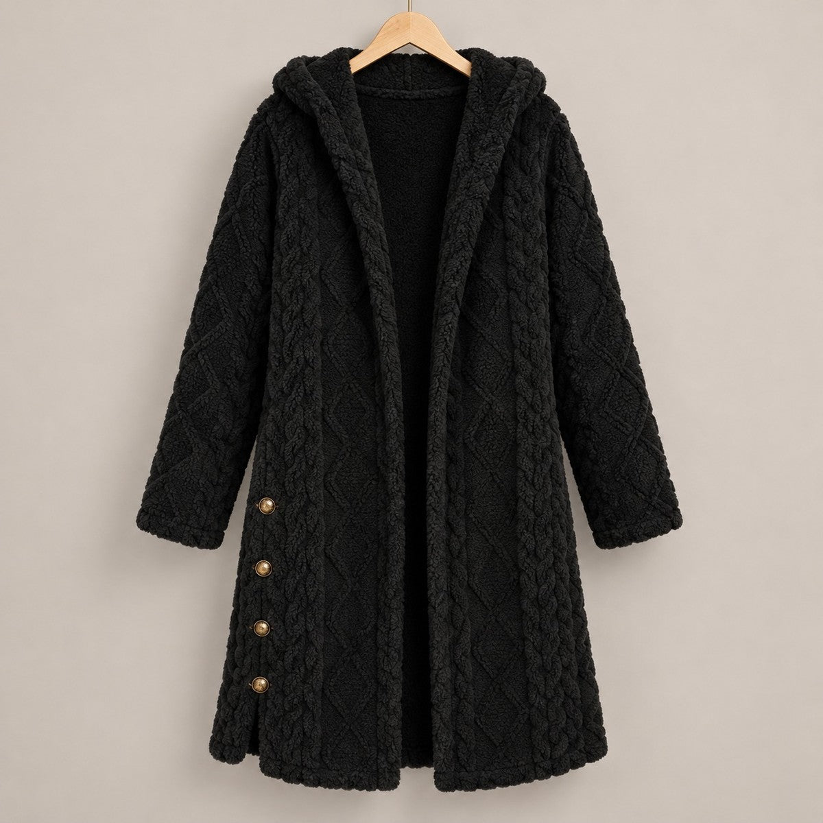 DoubleSoft Hooded Fleece Cardigan Coat - Black