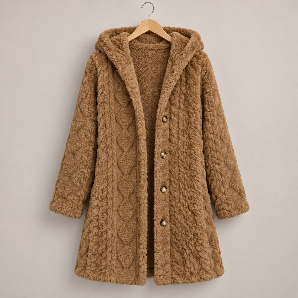 DoubleSoft Hooded Fleece Cardigan Coat - Camel