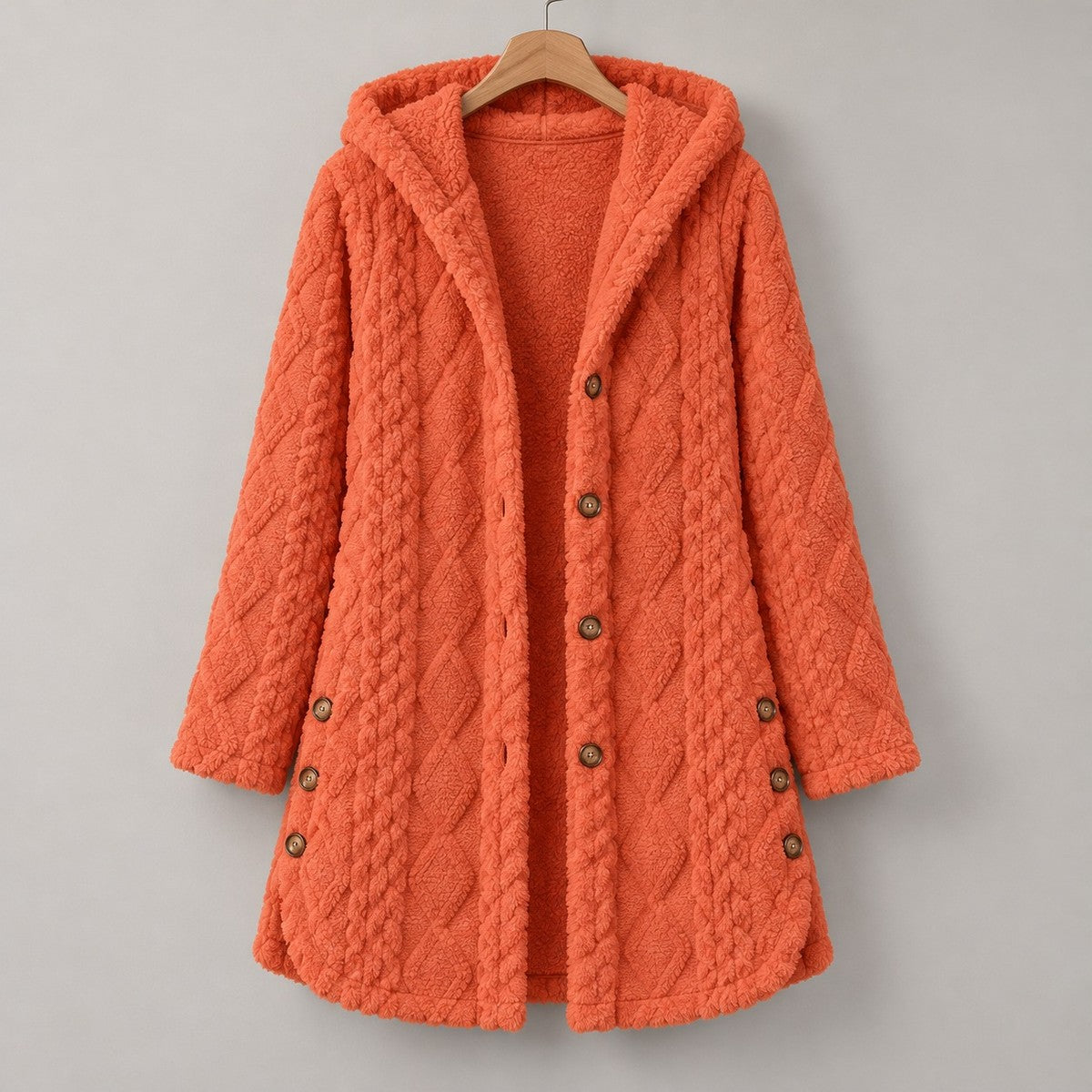 DoubleSoft Hooded Fleece Cardigan Coat - Orange Red