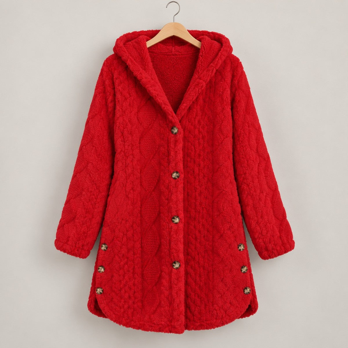 DoubleSoft Hooded Fleece Cardigan Coat - Red