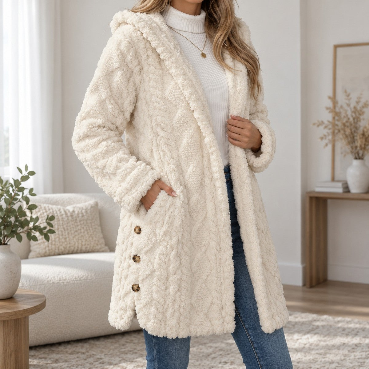 DoubleSoft Hooded Fleece Cardigan Coat - detail