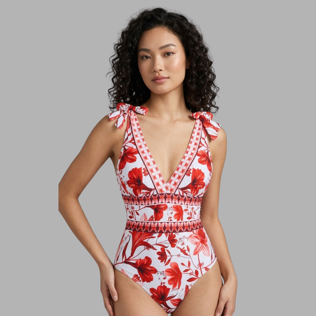 Elegant Floral One-Piece Swimsuit with Chiffon Skirt Set