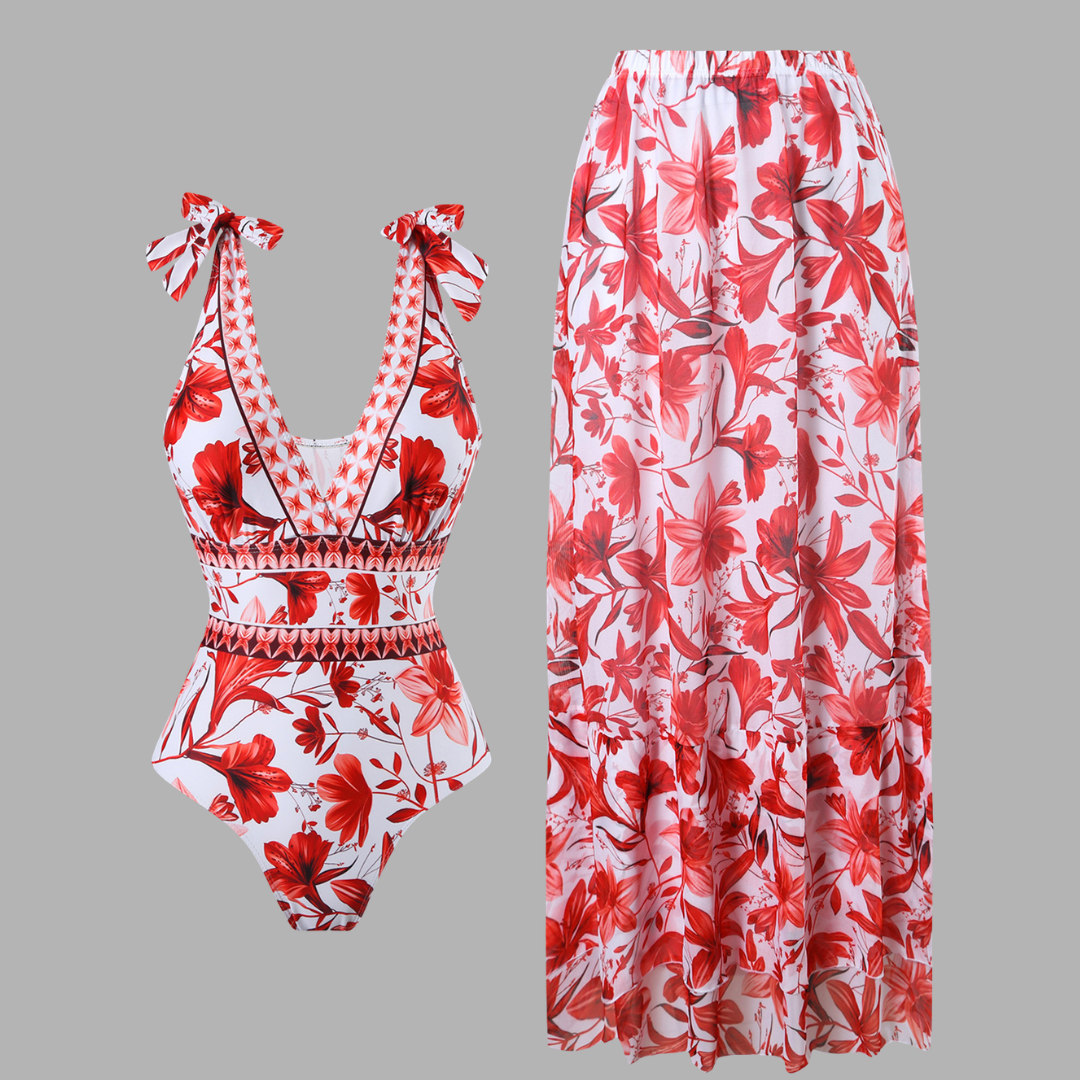 Elegant Floral One-Piece Swimsuit with Chiffon Skirt Set