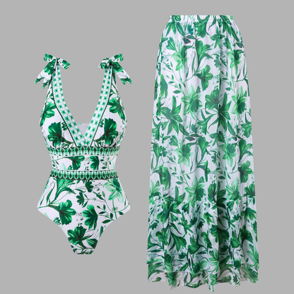 Elegant Floral One-Piece Swimsuit with Chiffon Skirt Set