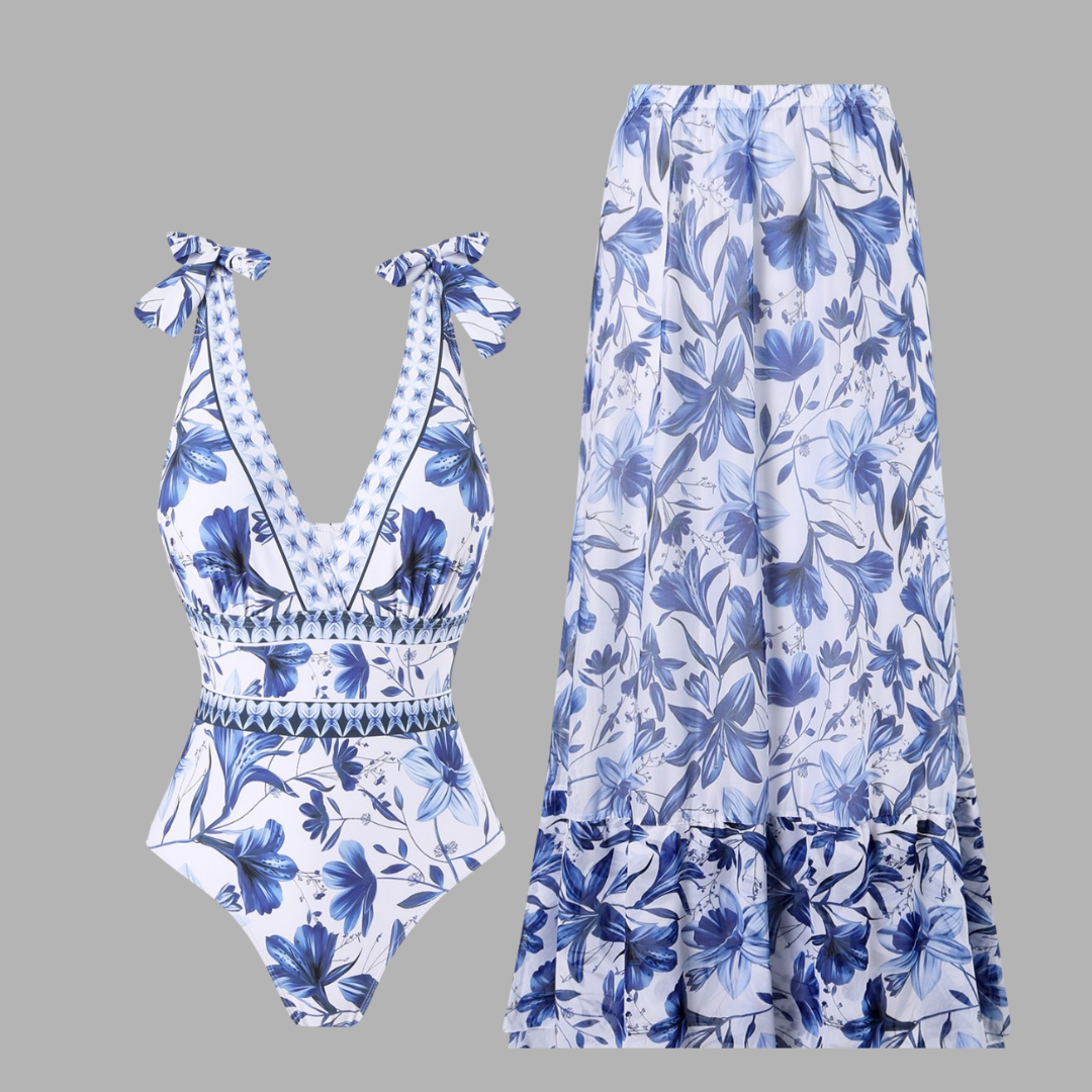 Elegant Floral One-Piece Swimsuit with Chiffon Skirt Set