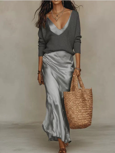 LuxeLayer Knit Sweater and Satin Slip Dress Set detail 3