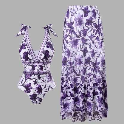 Elegant Floral One-Piece Swimsuit with Chiffon Skirt Set