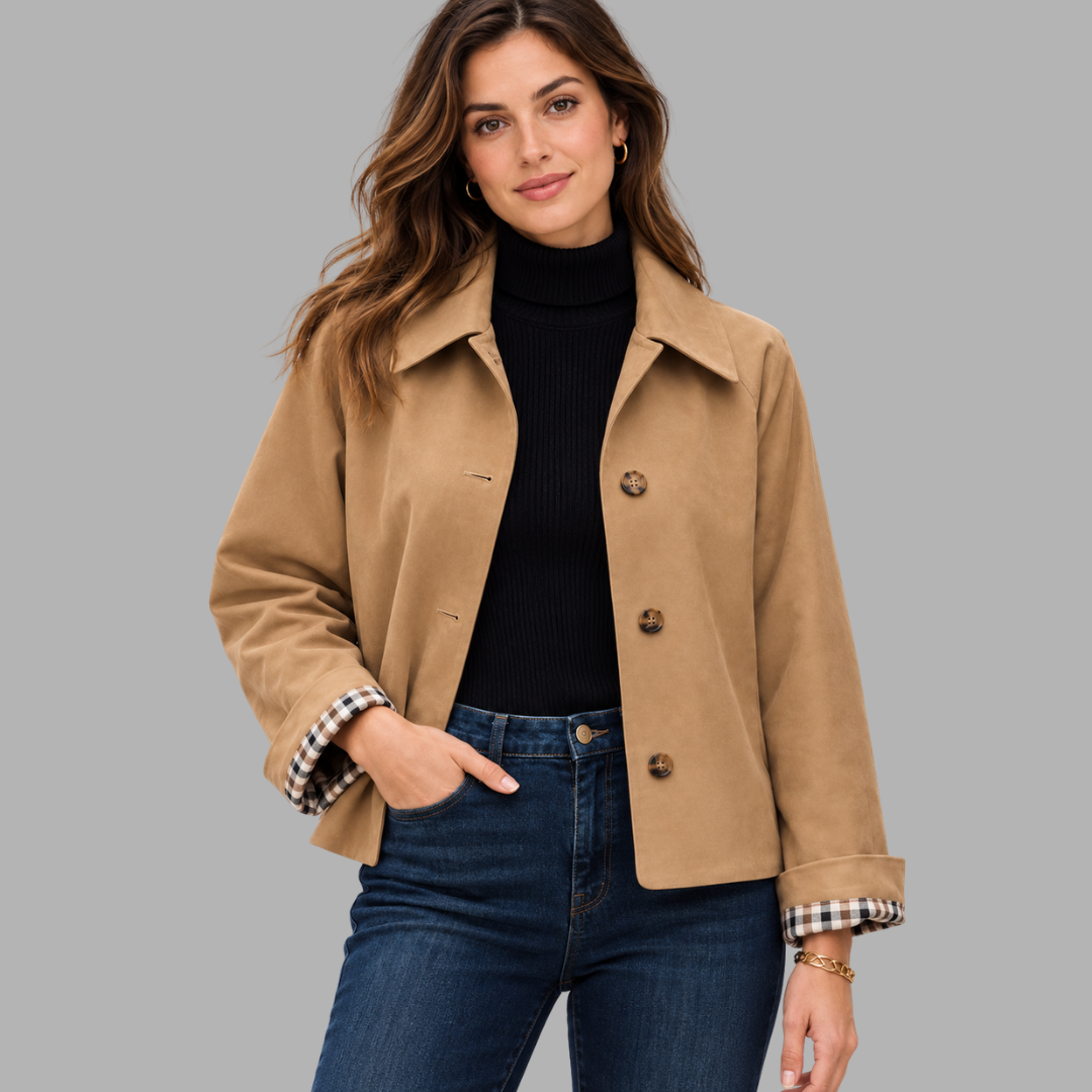 Cropped Plaid-Lined Trench Jacket