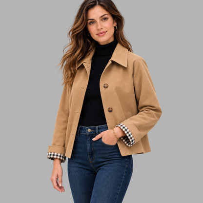 Cropped Plaid-Lined Trench Jacket