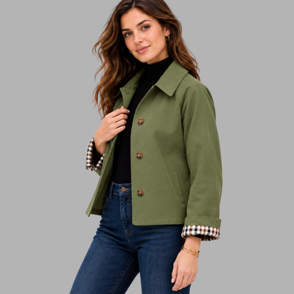 Cropped Plaid-Lined Trench Jacket