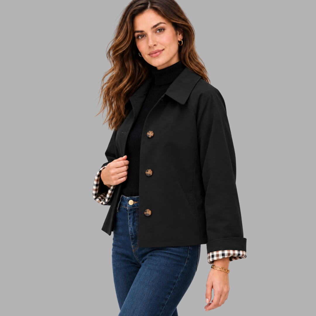 Cropped Plaid-Lined Trench Jacket