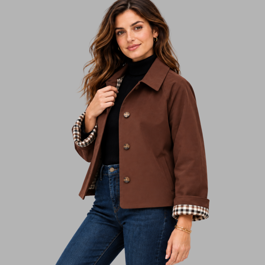 Cropped Plaid-Lined Trench Jacket