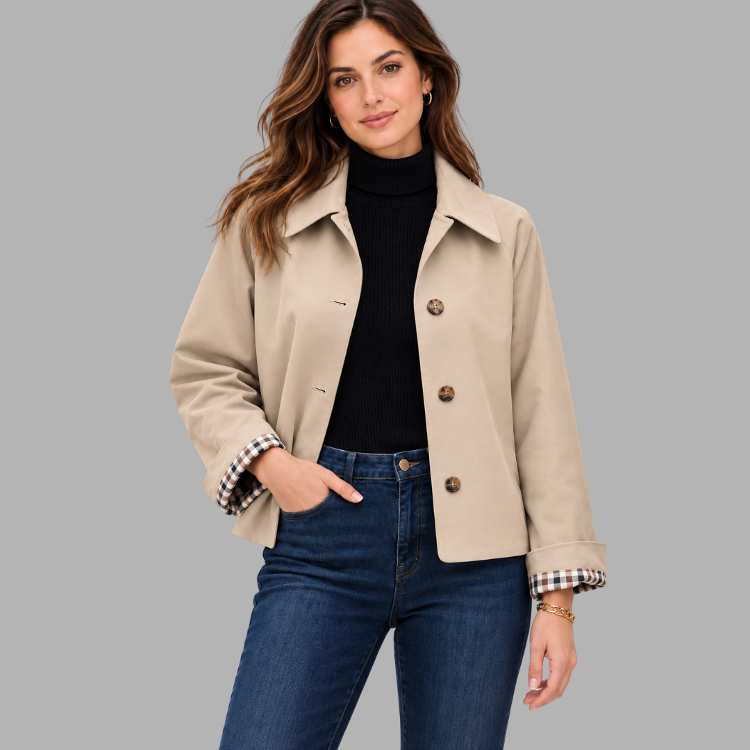 Cropped Plaid-Lined Trench Jacket