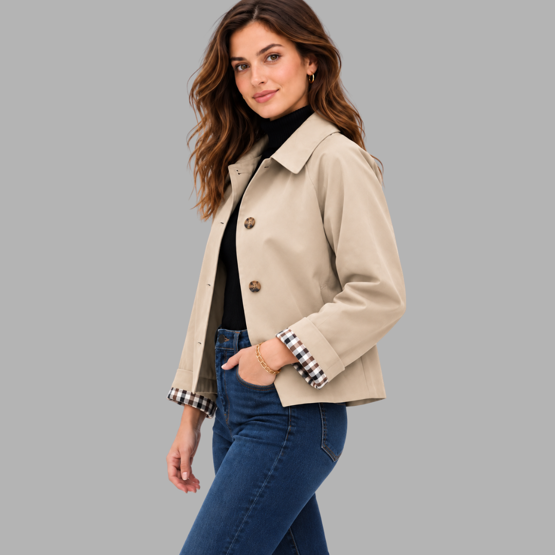Cropped Plaid-Lined Trench Jacket
