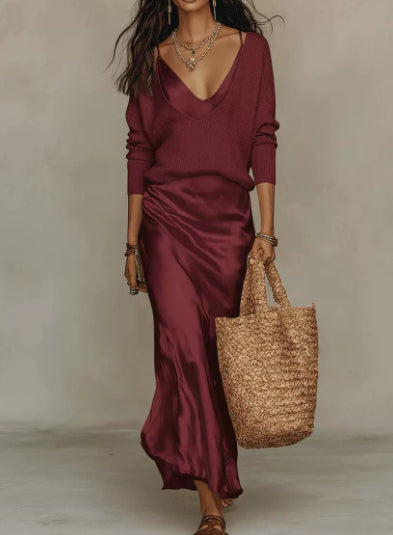 LuxeLayer Knit Sweater and Satin Slip Dress Set detail 2