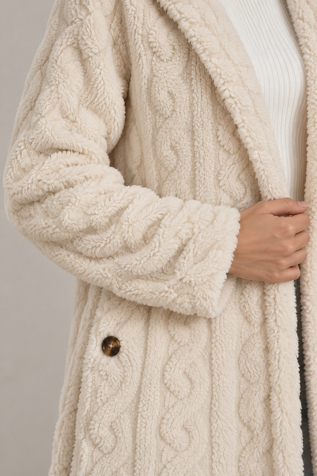 DoubleSoft Hooded Fleece Cardigan Coat Cable-Knit Texture
