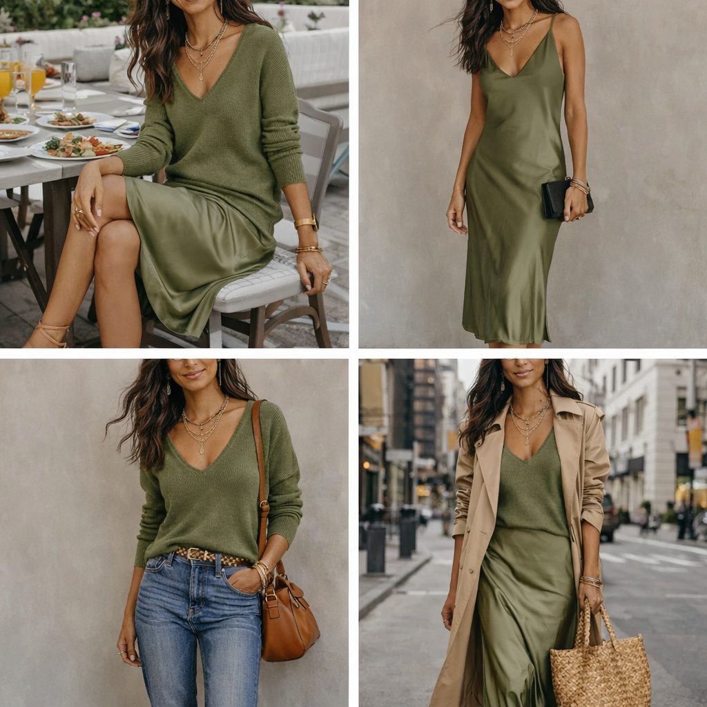 LuxeLayer Knit Sweater and Satin Slip Dress Set collage