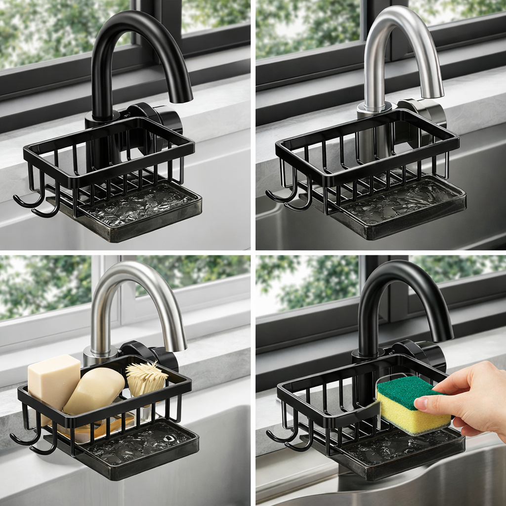 SinkMate No-Drill Faucet Caddy collage
